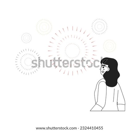 Young indian woman watching fireworks monochromatic flat vector character. 15 august independence day. Editable line half body person on white. Simple bw cartoon spot image for web graphic design