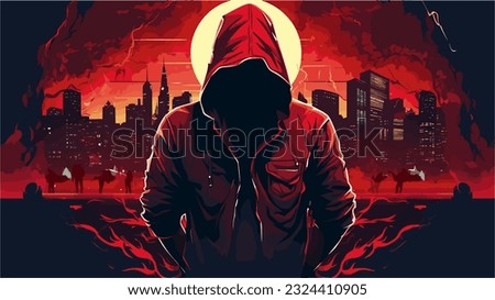 Mystical silhouette of a hooded character. Mysterious cyber hacker red shirt in crime city district and vector gangs. Royalty-Free Stock Photo #2324410905