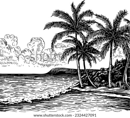 Vector engraving portraying the beauty of a coastal landscape with palm trees along the shoreline
