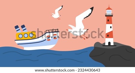 Landscape with seagulls, sea and sky. Ship, lighthouse and fluttering seagulls. Vector illustration in cartoon style. Horizontal banner. Poster, postcard, card. Children's illustration.