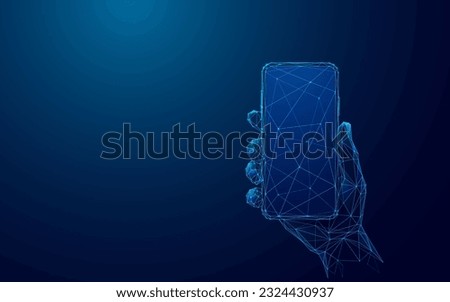 Abstract Digital Right-Hand Holding Mobile Phone With Empty Screen. Technology Concept. Smartphone on Dark Blue Background. Wireframe Light Connection Structure. Modern Low Poly 3D Vector Illustration