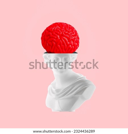 Creative art collage an ancient statue of a woman with brain  flying out of her head.  Royalty-Free Stock Photo #2324436289