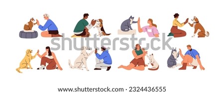 People and cute animals, cats and dogs, giving high five set. Pet owners and companion puppies, kitties friends greeting with hands and paws. Flat vector illustrations isolated on white background