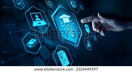 E-learning technology, webinar, online education and training to develop new skills and knowledge. AI-enhanced learning with personalized courses. Remote learning on internet. Virtual screen. Royalty-Free Stock Photo #2324449597
