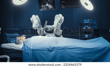 Futuristic Hospital: Surgery Patient Laying On Surgical Table While Robot Arms Performing High-Precision Nanosurgery. Automated And Programmable Robotic Limbs Working On Heart Transplant On Person. Royalty-Free Stock Photo #2324465579