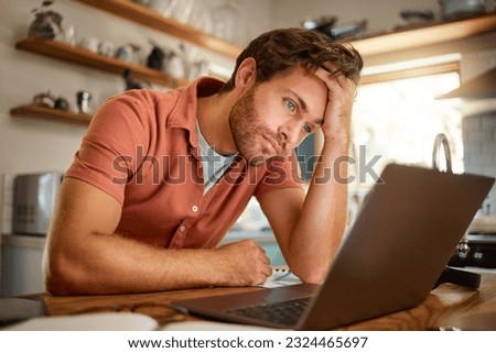 Stress, laptop and business man in kitchen for remote work, freelancer and mental health. Technology glitch, tired and frustrated with male person at home for burnout, exhausted and anxiety Royalty-Free Stock Photo #2324465697