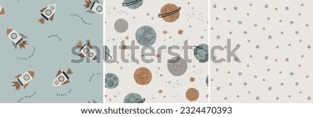 Hand drawn cosmos pattern set. Cute planets, stars and spaceship abstract patterns. Perfect for kids fabric, textile, nursery wallpaper. Vector illustration. Royalty-Free Stock Photo #2324470393