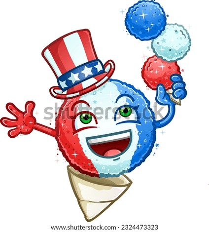 Patriotic red white and blue american snow cone wearing an uncle sam hat and  balancing a stack of snowcones on the fourth of july 