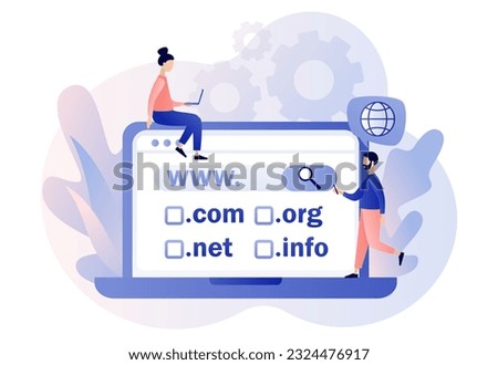 Domain registration concept. Tiny people choose, find, purchase, register website domain name on laptop. Online hosting service. Modern flat cartoon style. Vector illustration on white background Royalty-Free Stock Photo #2324476917