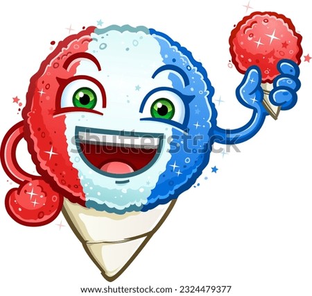 Red white and blue snow cone cartoon character holding a cherry snowcone smiling big on the fourth of july and sporting America's colors for the holiday