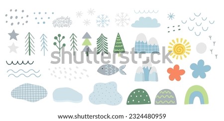 Set of vector illustration elements, mountains, fish, abstract elements, Christmas trees, sun, rainbow, snowflakes, star, flat design.