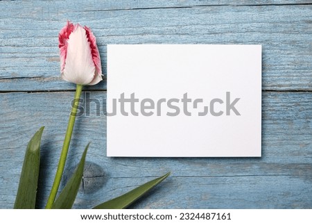 Card mockup, white blank wedding invitation with floral decor on bue wooden background. Greeting card mockup with pink fresh flowers on table
