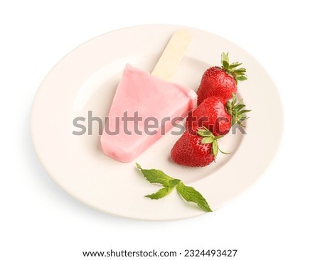 Plate with sweet strawberry ice-cream popsicle on white background