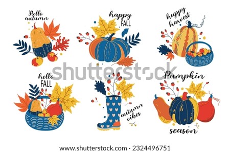 Hand drawn autumn clip art set with lettering. Orange, green pumpkins and autumn leaves, apples, boots,basket, twigs, berries.Pumpkin season.