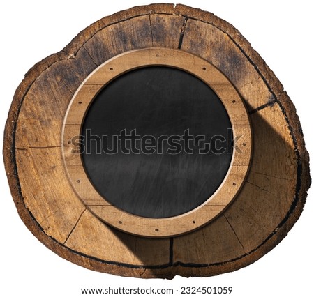 Old blank blackboard with wooden round frame (circle shape) on a cross section of a tree trunk isolated on white background, high resolution, photography.