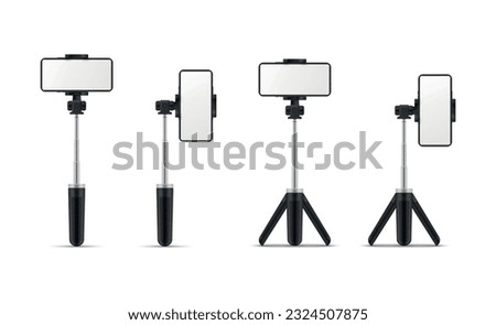 Table tripod monopod stick with smartphone holder for blog vlog stream photo video set realistic vector illustration. Mobile phone holding device digital equipment capture for selfie shooting Royalty-Free Stock Photo #2324507875