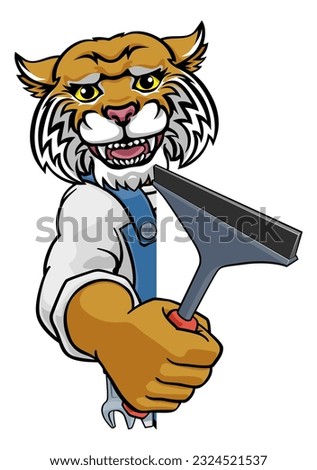 A wildcat cartoon mascot car or window cleaner holding a squeegee tool peeking round a sign