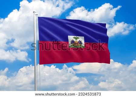 Haiti national flag waving in the wind on clouds sky. High quality fabric. International relations concept