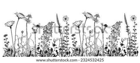 Wildflowers seamless border sketch hand drawn in doodle style illustration Royalty-Free Stock Photo #2324532425