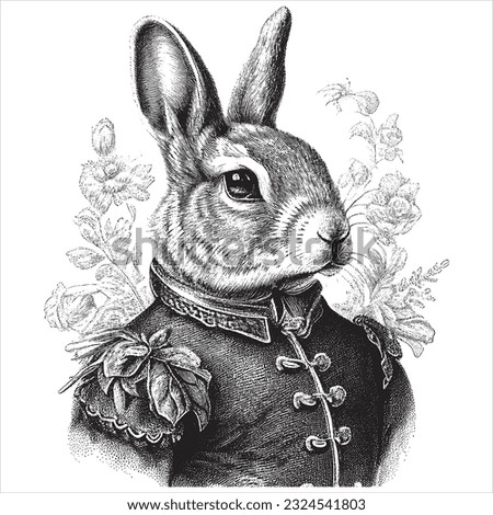 Hand Drawn Engraving Pen and Ink Rabbit Portrait Dressed in Victorian Era Vintage Vintage Vector Illustration