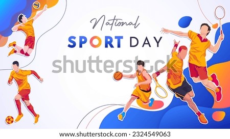 Banner template for national sports day football, basketball, badminton, tennis and volleyball background. Athletic. world sports celebration Royalty-Free Stock Photo #2324549063