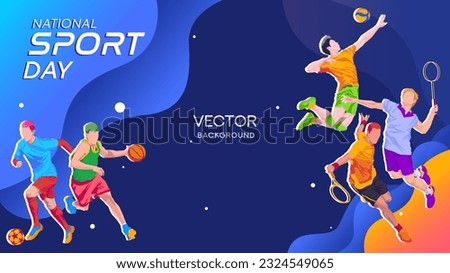 Banner template for national sports day football, basketball, badminton, tennis and volleyball background. Athletic. world sports celebration