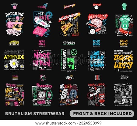 Brutalism T-shirt Designs Bundle, Streetwear T-shirt Designs Artwork Set, Graffiti Vector Collection for Apparel and Clothing Print