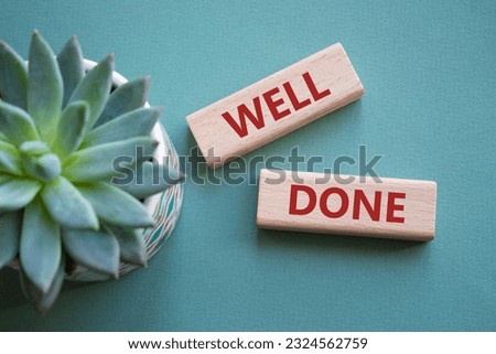 Well done symbol. Wooden blocks with words Well done. Beautiful grey green background with succulent plant. Business and Well done concept. Copy space. Royalty-Free Stock Photo #2324562759