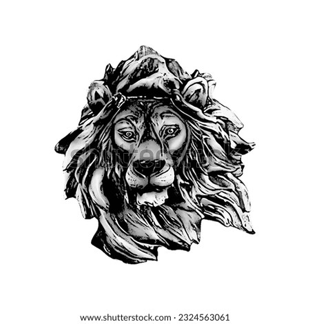 Black and white illustration sketch of a lion's head on a white background