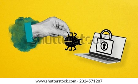 Data security and Criminal Fraud. Information security and Cyber security Online crime is shown using the photo of laptop and picture of the bug