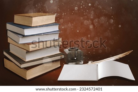 Biblical commandment, quill and stack of shabby old jewish books. Jewish prayer Shema Yisrael in hebrew to fulfill Royalty-Free Stock Photo #2324572401