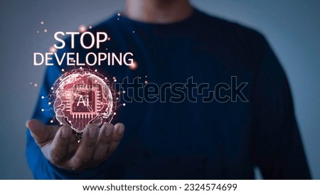 Stop developing Ai, No AI sign on smartphone with bot Stop AI generated images, artificial intelligence art copyright lawsuit concept.