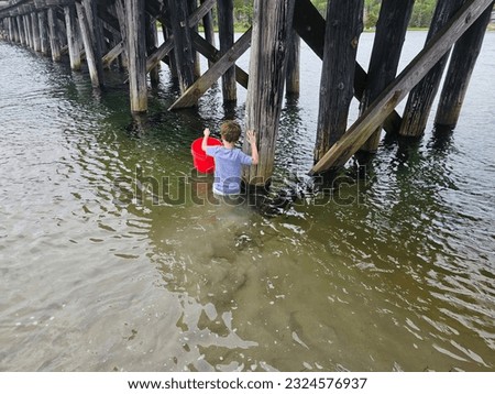 A child holding a bucket and wading into the water next to a train bridge.