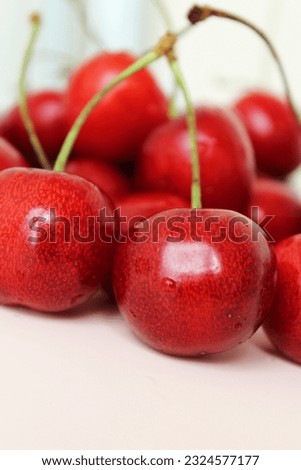 cherries isolated close up. Healthy food fruit red cherries on a light pink background
