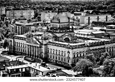 Leipzig, Germany aerial view. Cityscape with Federal Administrative Court (Bundesverwaltungsgericht). Black and white retro style photo.