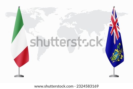 Italy and Pitcairn Islands flags for official meeting against background of world map.