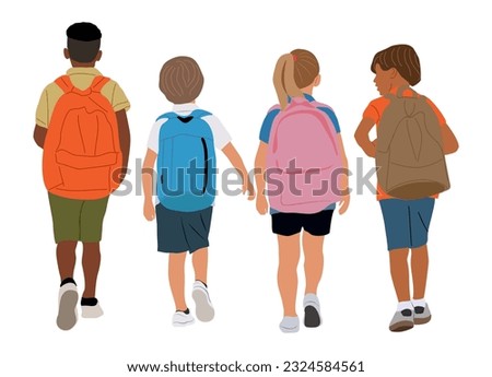 Set of school children, boys, girl going to elementary, primary school vector illustration  isolated on white background. Happy pupils walking with backpacks rear view. Back to school concept. Royalty-Free Stock Photo #2324584561