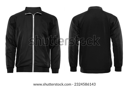 Blank black color jacket in front and back view, isolated on white background.  Royalty-Free Stock Photo #2324586143