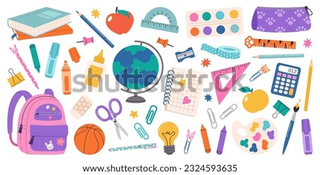 Set of school supplies. Back to school.  Vector hand draw illustration in a flat cartoon style. Various accessories for study, student equipment. Cute school modern stickers.
