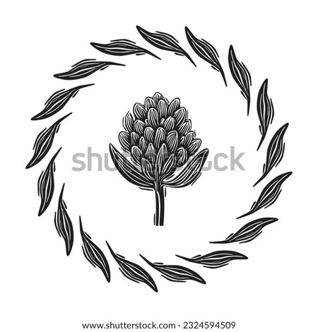 Linotype floral frame whimsical vector illustration. Handmade design of quirky foliage graphic.