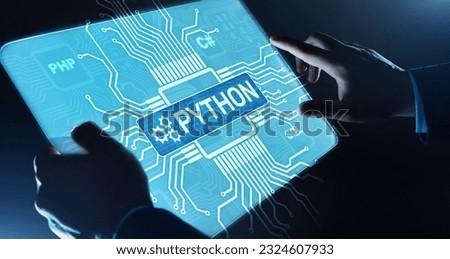 Python high-level programing language. Application and web development concept on virtual screen. Royalty-Free Stock Photo #2324607933