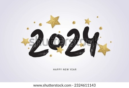 Happy New Year 2024. Vector holiday illustration with 2024 logo text design, sparkling confetti and shining golden stars on white background. Royalty-Free Stock Photo #2324611143
