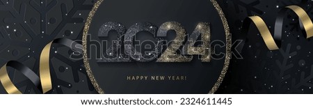 Happy New Year 2024 beautiful sparkling design of numbers on black background with texture of black snowflakes and shining falling snow. Trendy modern winter banner, poster or greeting card template