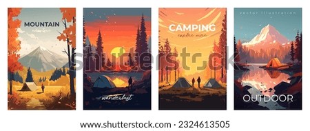 Mountain adventure and travel, flat colors vertical poster. Camping and hiking. Vector illustration Royalty-Free Stock Photo #2324613505