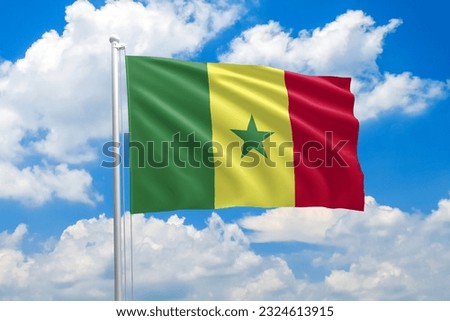 Senegal national flag waving in the wind on clouds sky. High quality fabric. International relations concept