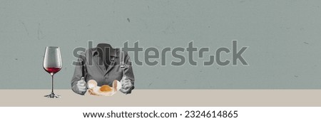 Creative design in retro style. Contemporary art collage. Headless woman sitting and having breakfast with eggs and red wine. Banner. Concept of surrealism, creativity, inspiration, imagination