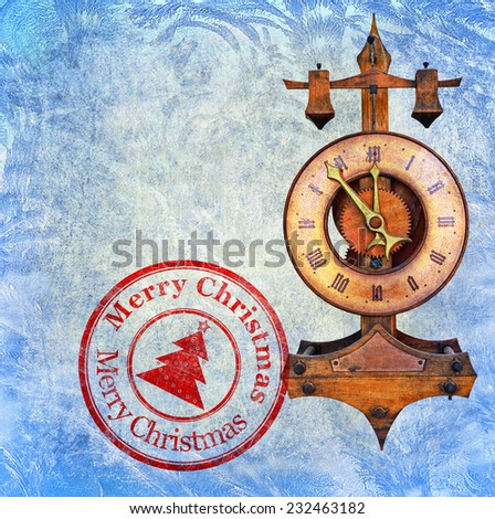 Textured old paper background with vintage wooden clock (time - five minutes to midnight) and special Christmas stamp 