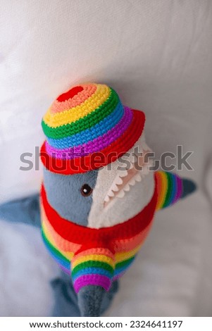 rainbow pride hat and accessories on plush toys. celebrating happy pride in June