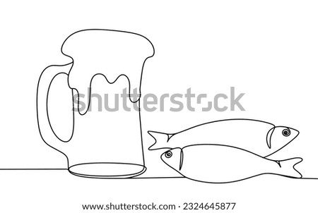 A glass of beer with salted fish. International Beer Day. One line drawing for different uses. Vector illustration.
