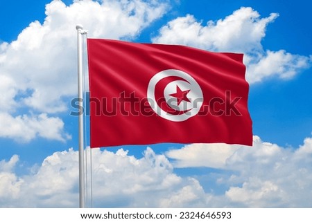 Tunisia national flag waving in the wind on clouds sky. High quality fabric. International relations concept Royalty-Free Stock Photo #2324646593
